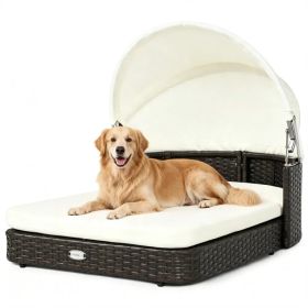 Hand-Woven PE Rattan Dog Bed with Adjustable Canopy, Elevated Outdoor Pet Daybed with Washable Plush Cushion, Anti-Slip Breathable Pet Shelter fo (Option: Default Title)